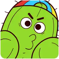 a cartoon cactus wearing a colorful hat with an angry face