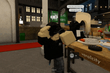 a person in a video game is standing in front of a table with the word voralcity on it