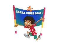 a cartoon boy is holding up a banner that says garba vibes only