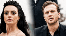 a man and a woman are standing next to each other and looking at the camera