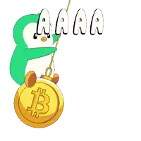 a cartoon of a penguin holding a gold coin with a b on it