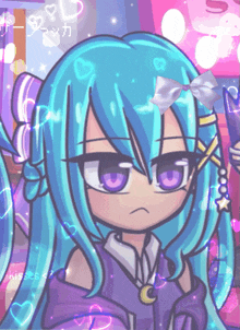 a drawing of a girl with blue hair and purple eyes has a bow on her hair