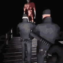 a group of police officers standing in front of a statue of a man with blood on his body .