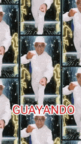 a collage of images of a man in a white suit with the word guayando in red