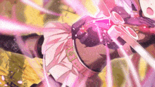 a girl in a pink skirt with a belt that says ' o ' on it