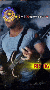 a man in a blue shirt is playing a guitar with the name ryan on the bottom right