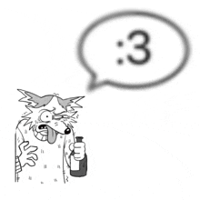 a black and white drawing of a clown holding a bottle and a speech bubble with the number 3 in it