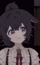 a girl with black hair and purple eyes is wearing suspenders and a bow tie .