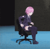 a girl with pink hair is sitting in a chair