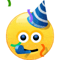 a yellow smiley face wearing a party hat and a whistle