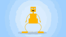 a yellow robot with arms and legs is sitting on a blue surface