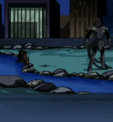 a cartoon drawing of a river with rocks in the foreground and buildings in the background