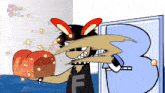 a cartoon character is holding a piece of bread with the letter f on it