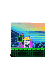 a cartoon character is standing in a room with a purple background and a green grid .