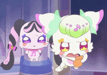 a couple of cartoon characters one of which has a musical note on her head