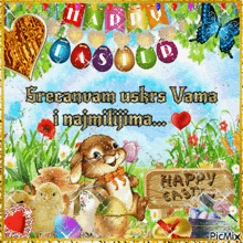 a happy easter greeting card with a bunny holding a flower