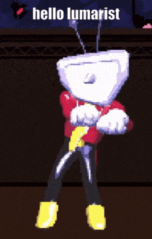 a pixel art character says hello lumarist in the corner