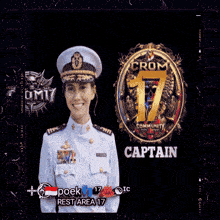 a woman in a military uniform is standing in front of a sign that says crom 17 community