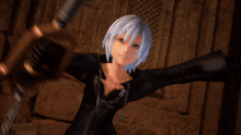 a woman with blue hair is holding a gun and shooting a light