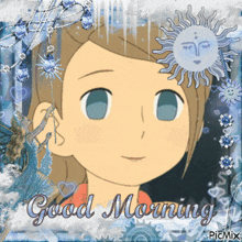 a picture of a girl with the words " good morning " on it