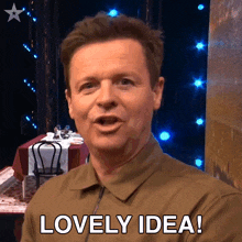 a man says " lovely idea " in front of a table and chairs
