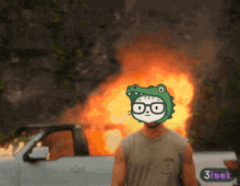a man wearing a crocodile hat and glasses stands in front of a car on fire