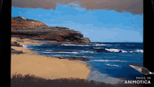 a painting of a beach with the words made in animatica below it