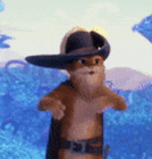 a cat wearing a cowboy hat and a cape is standing in front of a blue background .