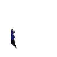 a cartoon man in a blue suit and black pants is dancing