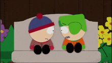 stan and kyle from south park sit on a bench with flowers in the background