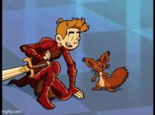 a cartoon of a man holding a sword and a squirrel