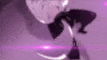 a close up of a person 's face with a purple background and a purple light coming out of it .