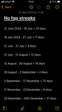 a phone screen shows a list of no fap streaks starting in april