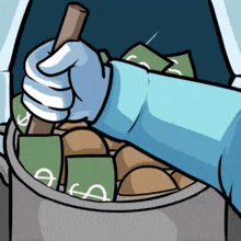 a cartoon of a hand holding a stick over a bucket full of money