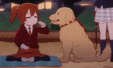 a girl is sitting next to a dog with its tongue hanging out