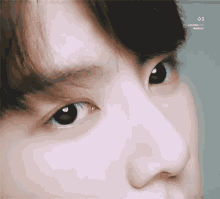 a close up of a person 's face with the number 03 on the bottom