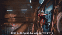 a picture of daredevil with the words " jake pulling up to lasagafest 2017 " at the bottom