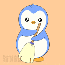 a penguin holding a mop with the word pengu on the bottom left