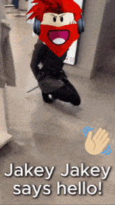 a cartoon character with red hair and headphones is kneeling down and says jakey jakey says hello