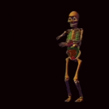 a cartoon skeleton is dancing and pointing at something .