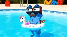 a cartoon character is floating in a swimming pool with a unicorn float .