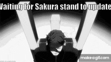 a black and white cartoon of a man sitting in a chair with the words `` waiting for sakura stand to update '' .