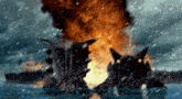 a painting of a dragon being destroyed by an explosion in the water