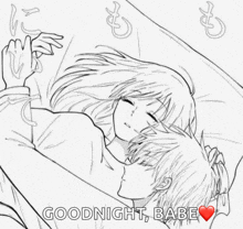 a black and white drawing of a boy and a girl hugging with the words goodnight babe written below them