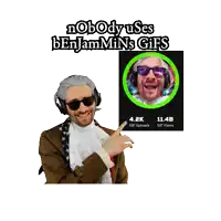 a man in a suit points to a picture of benjamin 's gifs and says " you sure about that "