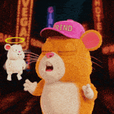 a cartoon hamster wearing a pink grind hat
