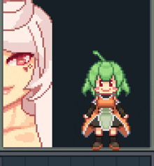 a pixel art drawing of a girl with green hair and red eyes