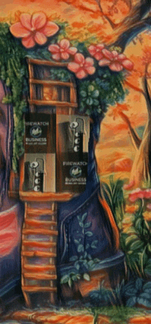 a painting of a tree house with flowers and boxes that say firewatch on them