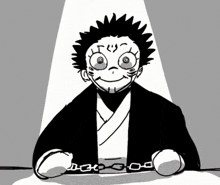 a black and white drawing of a man with chains around his hands