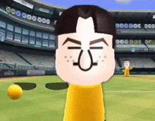 a video game character with a yellow shirt and a smiley face on his face